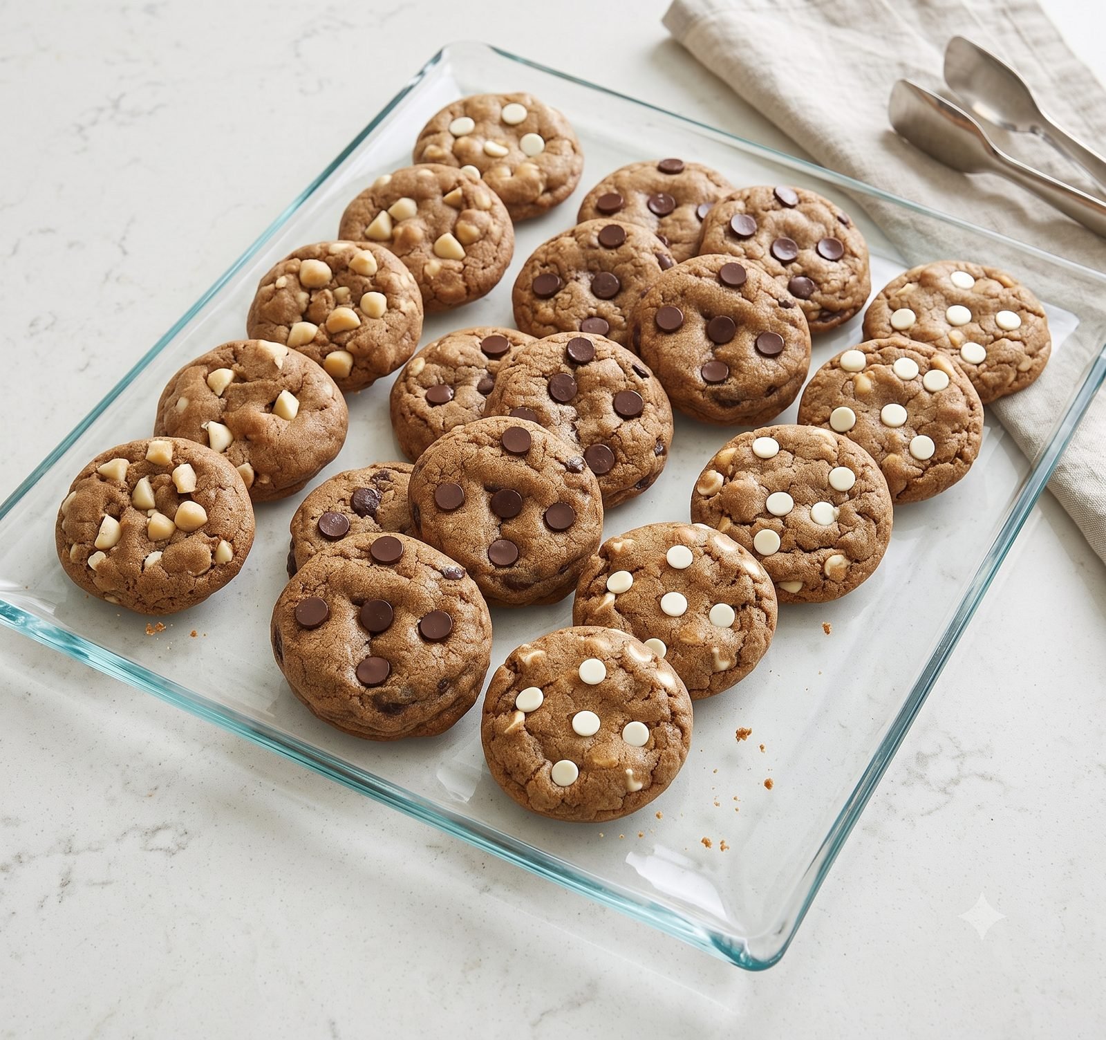 Tray of Espresso Trifecta cookies topped with dark chocolate, white chocolate, and butterscotch chips