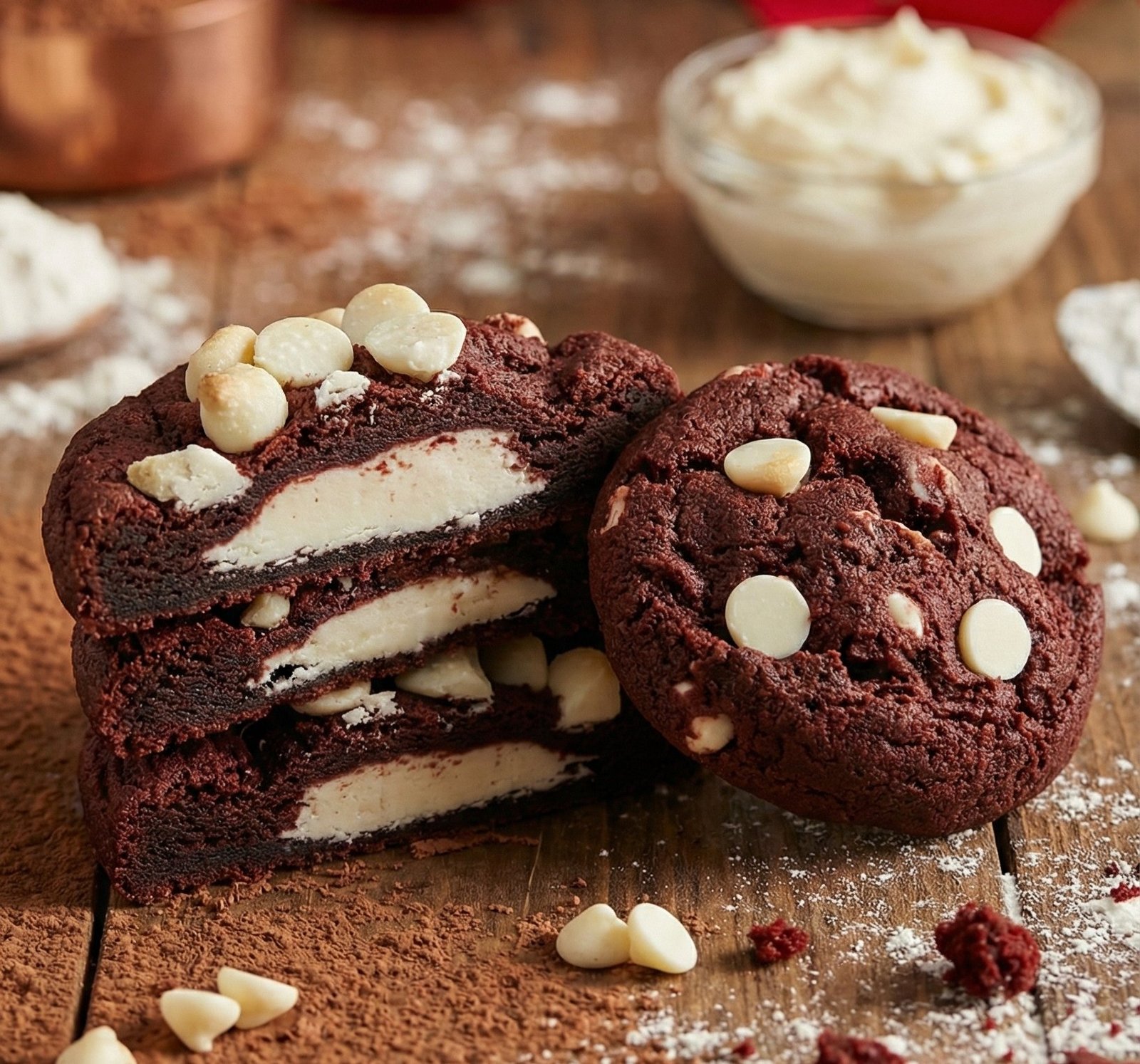 Stuffed red velvet cookies sliced to show the cream cheese filling, alongside a whole cookie topped with white chocolate chips