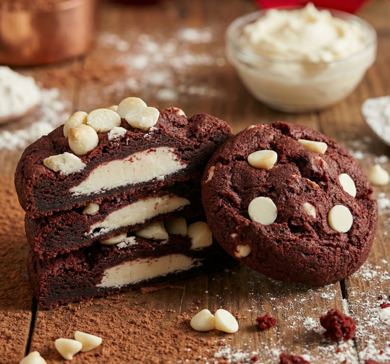 Red velvet cookie stuffed with a cheesecake center